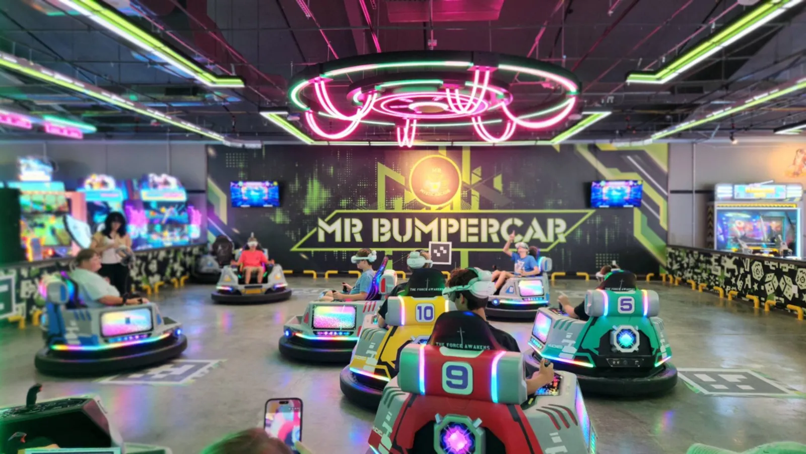 MR Bumpercar arena with neon signage