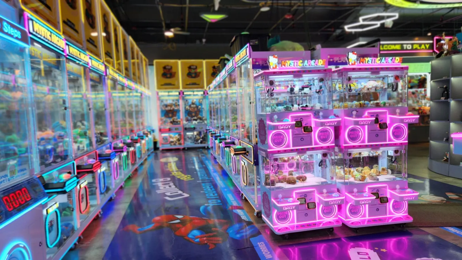 Claw machines stacked with prizes